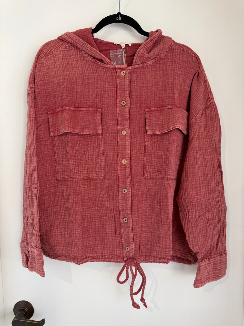 easel Red Krinkle Cotton Hooded Button Shirt -NWT